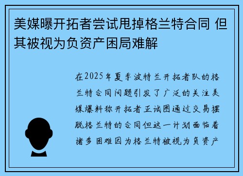 美媒曝开拓者尝试甩掉格兰特合同 但其被视为负资产困局难解