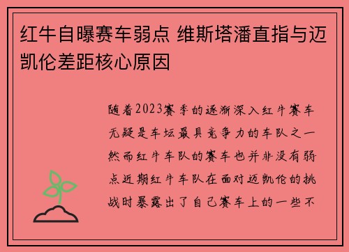 红牛自曝赛车弱点 维斯塔潘直指与迈凯伦差距核心原因