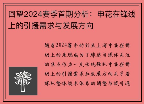 回望2024赛季首期分析：申花在锋线上的引援需求与发展方向